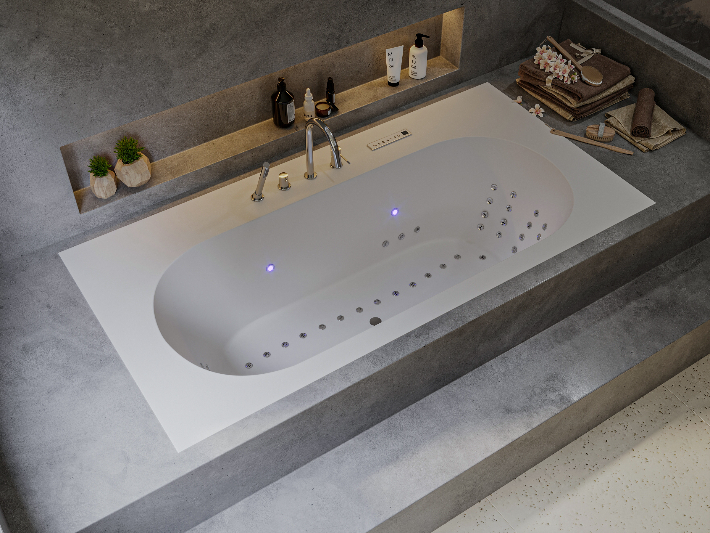 Whirlwanne Mineralwerkstoff eingefasst in Naturofloor.
Sprudelwanne