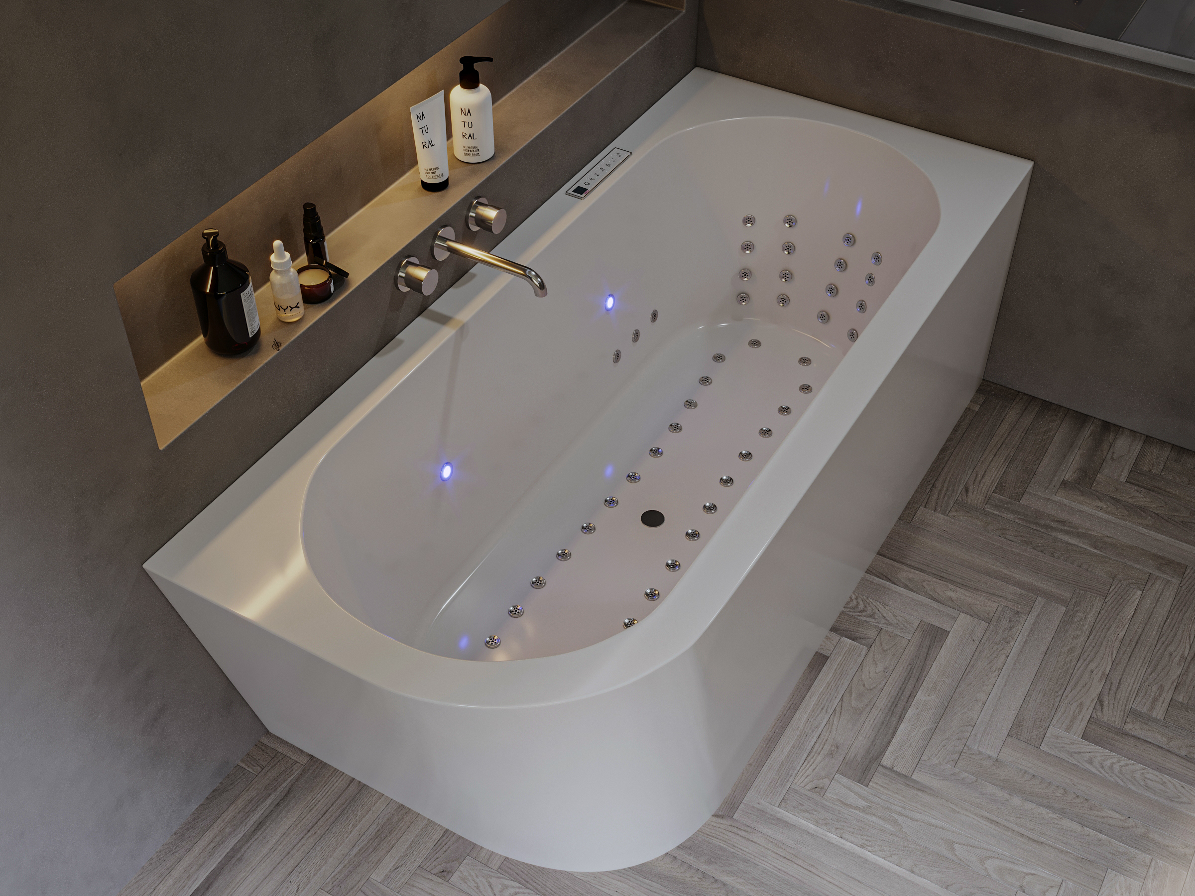 Whirlwanne mit nahtloser Verkleidung.
Sprudelwanne